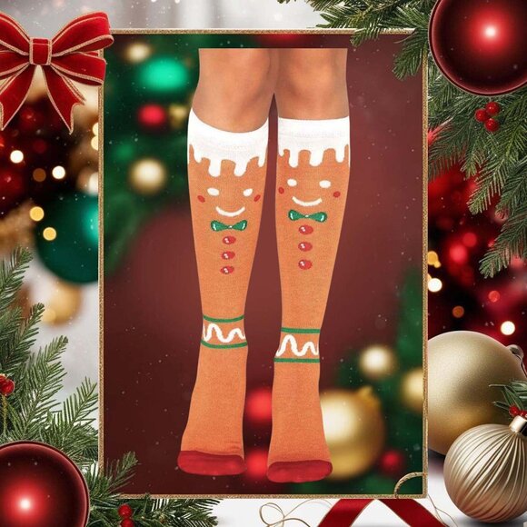 Gingerbread Man Socks Womens One Size Festive Holiday Hosiery - Picture 1 of 6